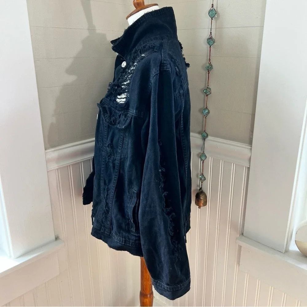 ASOS Thrashed Black Denim Trucker Jacket Destroyed Distressed Size Medium - Picture 12 of 14